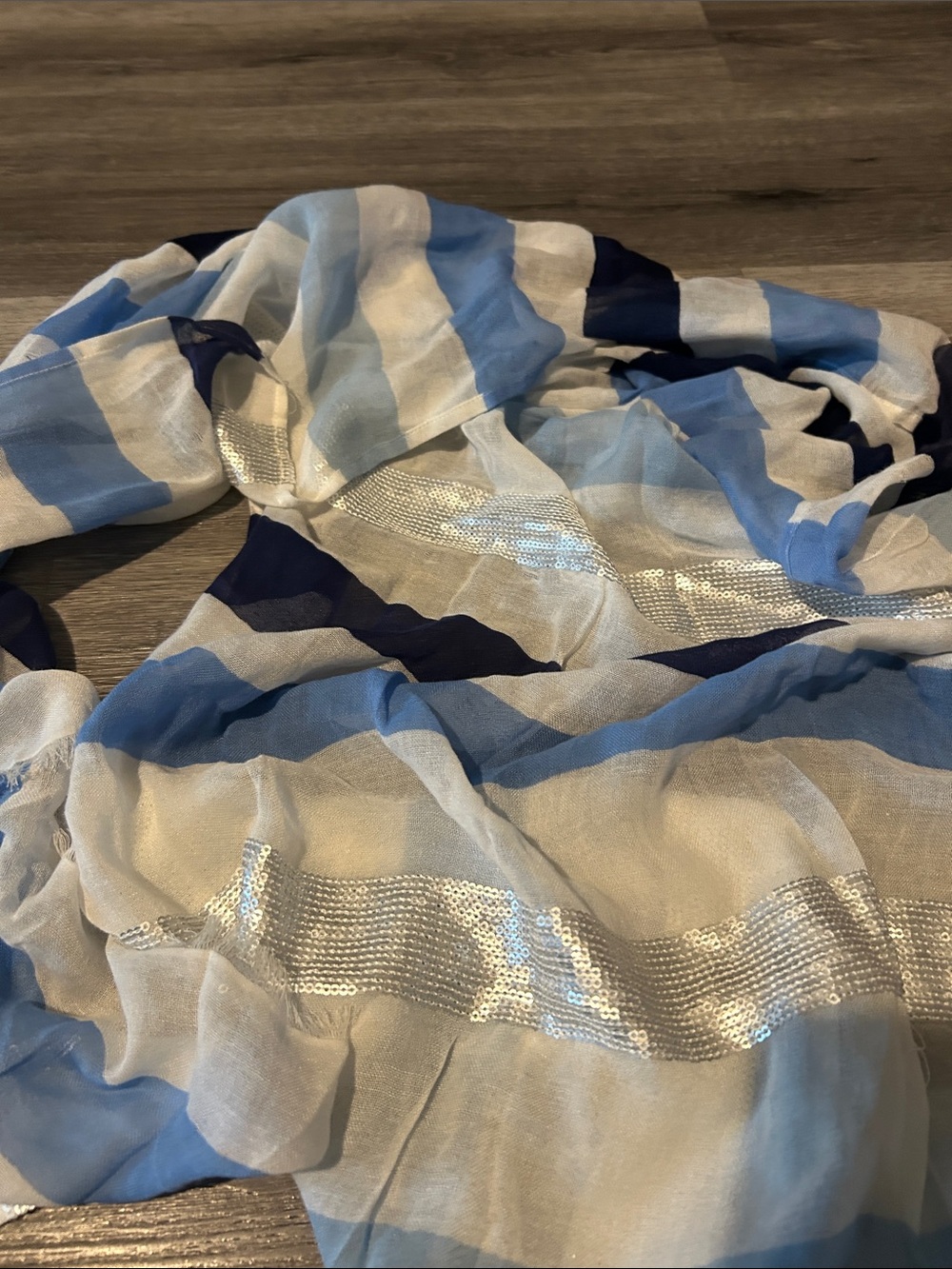 Tommy Bahama Blue and White Striped Scarf with Silver Sequin Detail - Picture 4 of 6